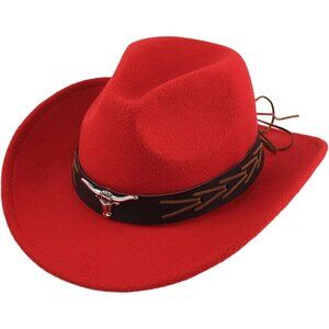Unisex Red 100% Polyester Bull Skull Buckle Band Fedora Cowboy Felt Hat